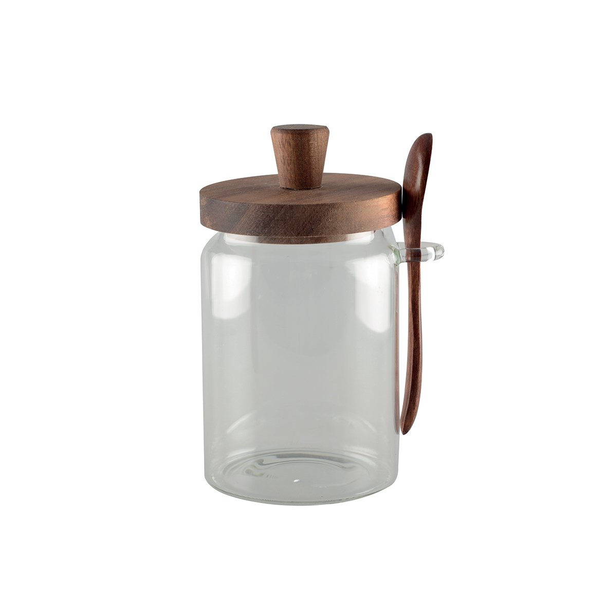 Pot à sucre en verre avec couvercle et cuillère en bois