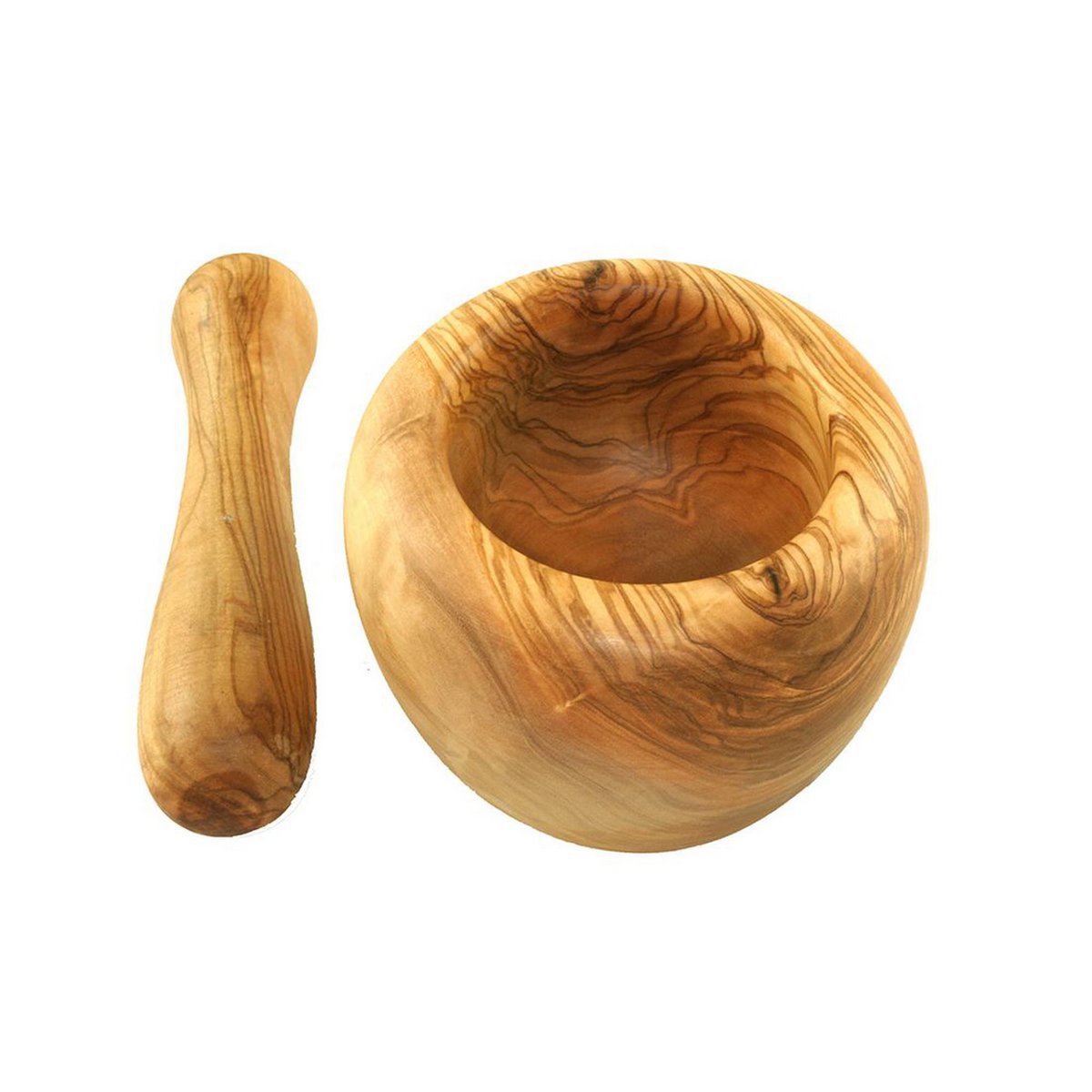 Mortier rond (environ 12 cm de diamètre) avec pilon en bois d'olivier