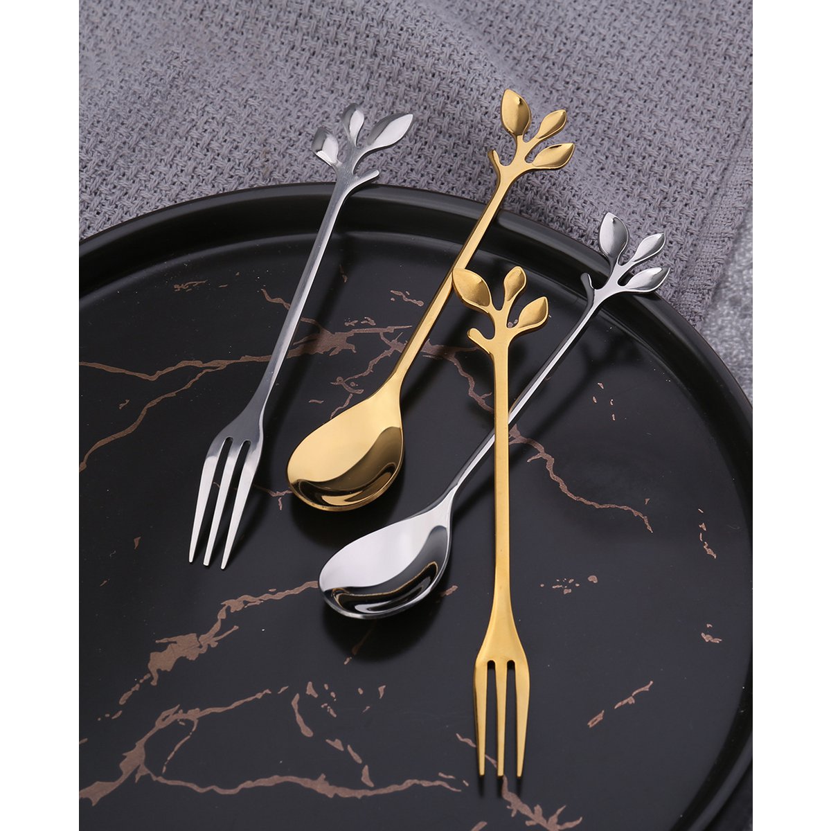 Cuillères à dessert feuilles assorties argent - lot de 6