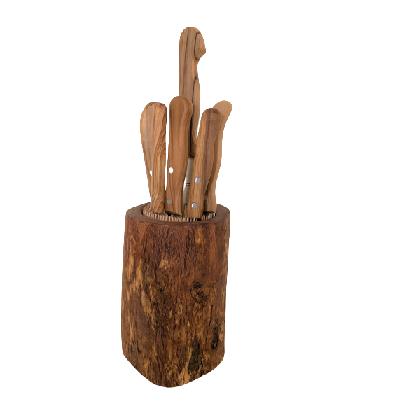 Bloc à couteaux DESIGN RUSTIC en bois d'olivier