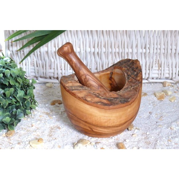 Mortier rustique Ø 12 cm avec pilon en bois d'olivier