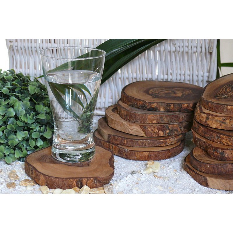 Lot de 6 sous-verres RUSTIQUE ROND Ø 10 à 12 cm environ en bois d'olivier