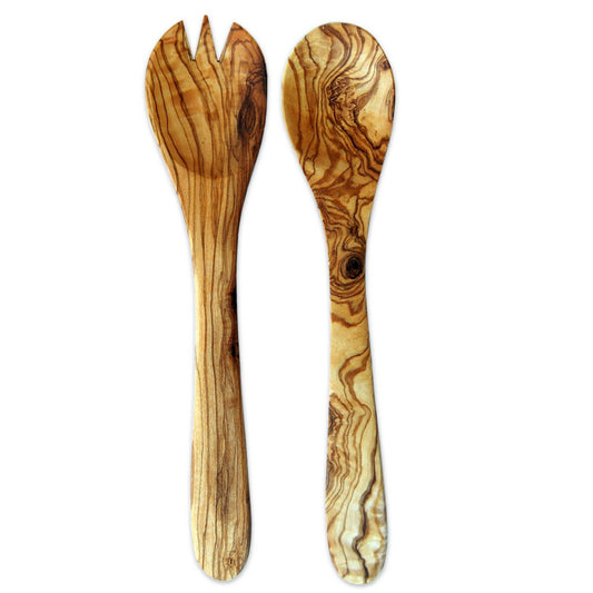 Couverts à salade PETIT en bois d'olivier, environ 21 cm