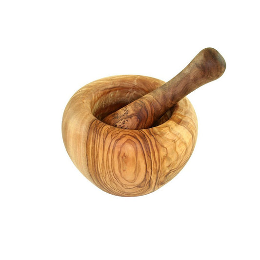 Mortier rond moulu avec pilon en bois d'olivier Ø 14 cm