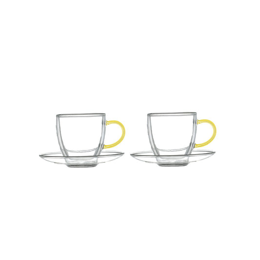 Tasses et sous-tasses double paroi anse jaune -  lot de 2