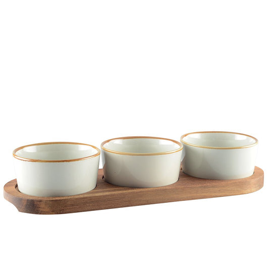 Set apéritif de 3 coupelles sur plateau en bois 29x10cm
