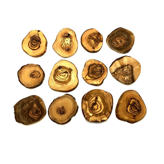 Lot de 12 sous-verres RUSTIQUE ROND Ø 10 à 12 cm environ en bois d'olivier