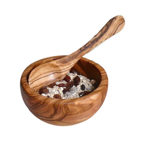 Bol à céréales en bois d'olivier Ø 14 cm avec cuillère