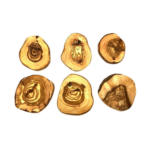 Lot de 6 sous-verres RUSTIQUE ROND Ø 10 à 12 cm environ en bois d'olivier