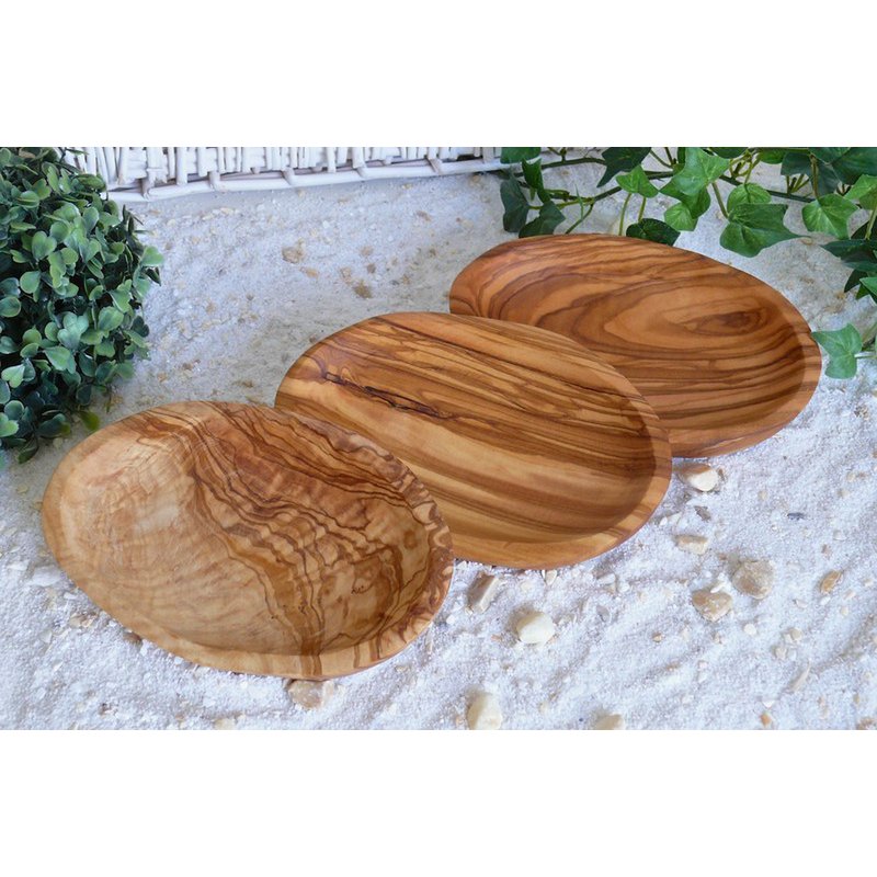 Lot de 3 bols ovales d'une longueur d'environ 15 à 17 cm chacun en bois d'olivier