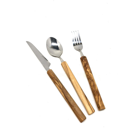 Couverts en acier inoxydable avec manche en bois d'olivier en lot de 3