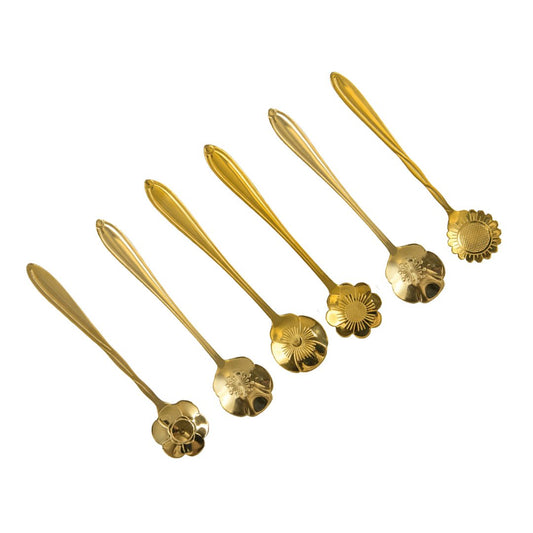 Cuillères à dessert fleurs assorties dorées - lot de 6